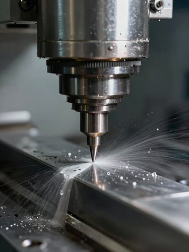 Macro close-up of a high-precision CNC milling machine cutting steel with coolant spray, crisp industrial lighting, sharp detail.
