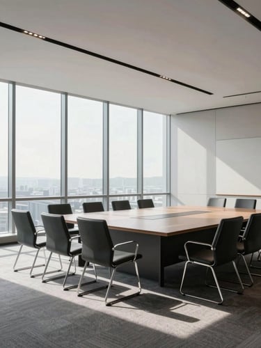 Structured environmental shot of a premium, minimalist corporate conference hall, clean daylight streaming through floor-to-ceiling windows, sharp geometric seating layout, no people.