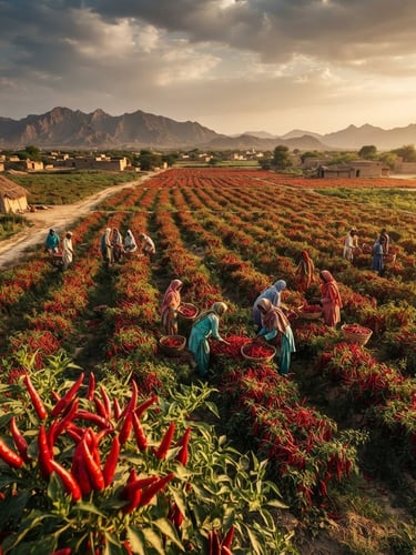 Wide panoramic view of sun-drenched red chili fields in Sindh, Pakistan, with workers hand-harvesting in the distance, moody high-contrast side-lighting.