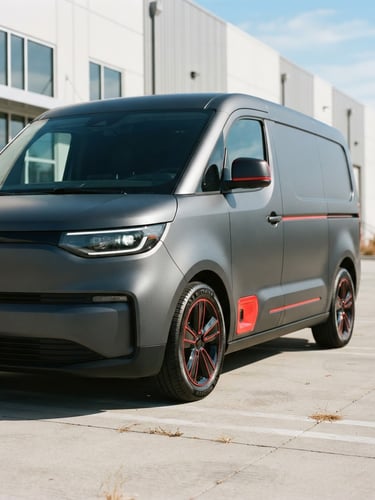 Sleek dark delivery vehicle parked under bright afternoon daylight, clean technical lines, 35mm photography