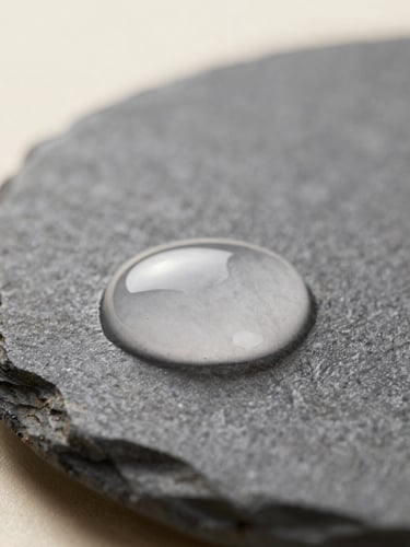 Close-up macro shot of a single pure water droplet resting on a dark, textured charcoal stone plate, soft clinical daylight, quiet luxury aesthetic