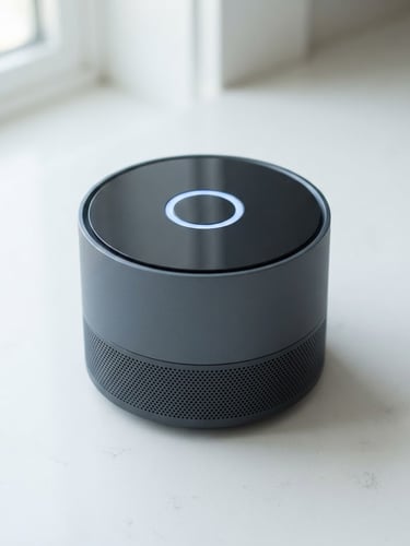 Close-up of a modern smart home alarm hub with a glowing status light, sleek design, on a clean white surface, bright daylight, cool blue and slate gray tones, sharp focus, 35mm lens.