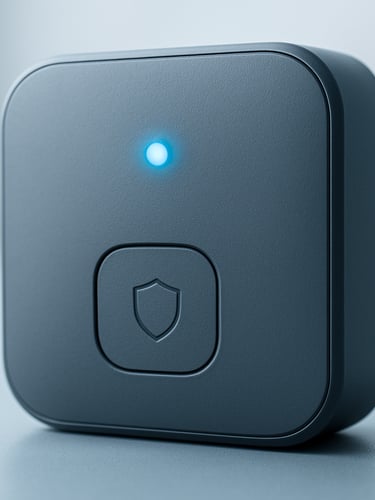 Macro close-up of a modern smart home alarm hub, clean matte gray casing, status LED glowing soft blue, bright daylight, sharp focus, 35mm lens