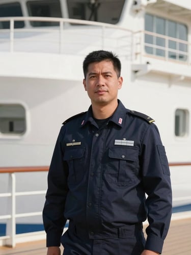 Crisp editorial portrait of a professional maritime operations manager in a dark navy uniform on a cruise ship deck, bright natural maritime daylight, sharp focus, 35mm
