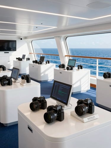 Wide environmental shot of a modern, organized digital photography hub onboard a luxury cruise ship, clean white counters, high-end cameras on display, natural ocean light through windows