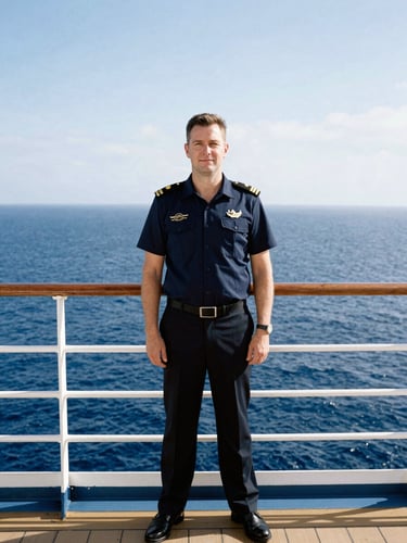 A sharp editorial portrait of a professional maritime executive standing on a cruise ship deck during bright daylight, ocean horizon behind him, 35mm photography