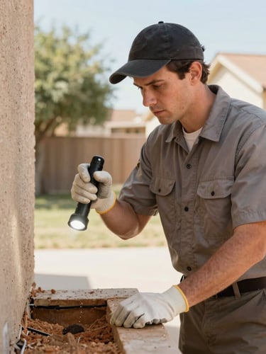 Portrait aspect, medium shot of a clean-cut pest control technician in uniform, wearing gloves, carefully inspecting a home's foundation with a flashlight, focused on the task. Warm Texas daylight, natural outdoor sun, clean authentic colors, sharp focus, professional local service aesthetic.