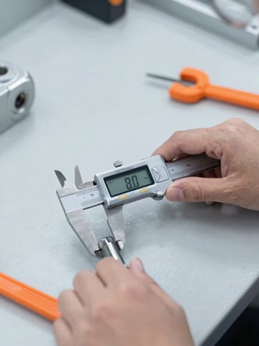 Crisp industrial photography of a quality inspector using a digital caliper to measure a manufactured metal component on a clean slate-gray workbench, safety-orange accents on tools, bright cool daylight.