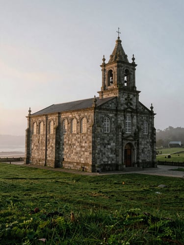 Vista lateral del Santuario de San Andrés de Teixido, Galicia, destacando su arquitectura de piedra gallega y el entorno brumoso, con luz suave de atardecer costero, encuadre vertical.