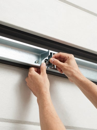 A technician's hands adjusting a heavy-duty steel bracket on a garage door track, close-up, bright daylight, 35mm lens