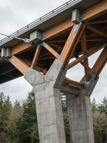 Architectural close-up of a modern concrete bridge support under soft overcast daylight, clean geometric lines, professional engineering focus