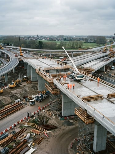 Wide architectural documentary shot of a Dutch highway construction site under soft overcast daylight, clean concrete structures, 35mm lens