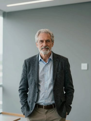 A professional portrait of a senior male project manager in smart casual attire, standing in a modern architectural office with soft natural light, warm slate gray background