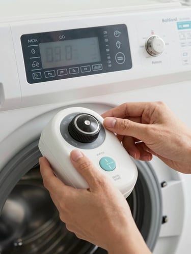 Close-up of professional hands using diagnostic equipment on a modern digital washing machine control board, sharp technical focus, bright natural lighting