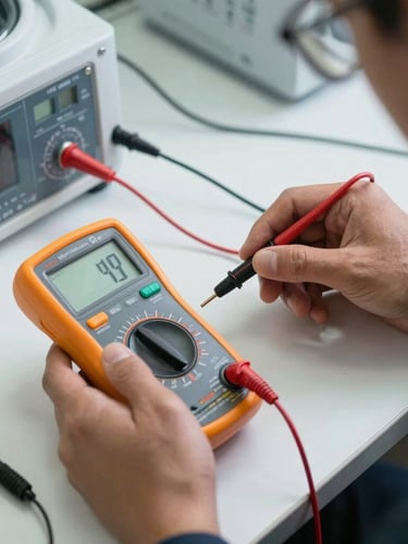 Close-up of a technician's hands using a digital multimeter to test a washing machine's electronic control board, professional tools laid out neatly on a clean workspace