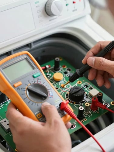 Tight close-up of a technician's hands using a digital multimeter to measure voltage on an exposed washing machine control board. Clean, bright daylight, technical precision, sharp focus on the probe tips.