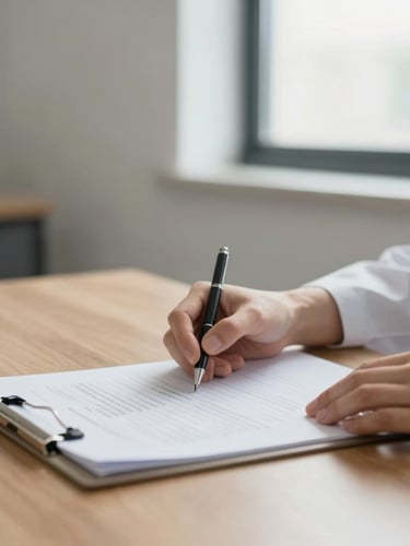 A clean professional setting with soft natural window light, an organized medical file on a wooden table, professional hands resting on it, high-trust corporate editorial style.