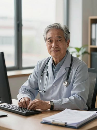 A professional, warm portrait of a senior medical rights consultant in a sunlit office, sitting at a wooden desk with neatly organized files, looking reassuringly towards the camera, soft natural window light, shallow depth of field.