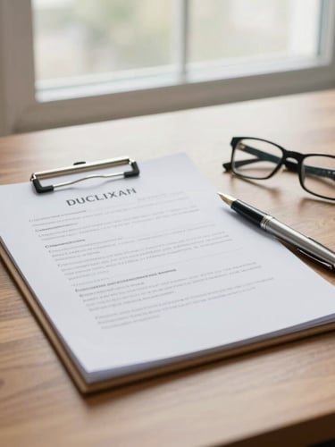 A clean flat-lay of professional medical-legal files, a fountain pen, and a pair of glasses on a warm wooden desk, illuminated by soft natural overcast daylight from a nearby window.