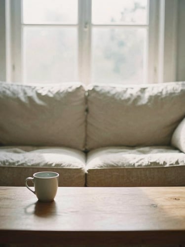 Lived-in German living room, soft linen sofa, warm oak coffee table with a ceramic mug, diffused morning light through a large window, 35mm film