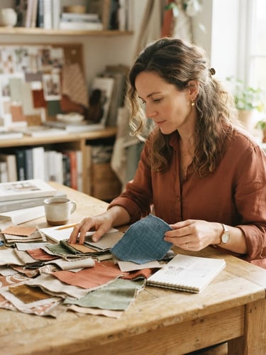 Warm editorial portrait of an interior designer reviewing fabric swatches on a light wooden table, soft morning daylight, shallow depth of field, 35mm film