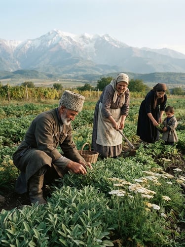 Historical photograph of Georgian family farmers in traditional attire, tending to rows of medicinal plants in the Kakheti region, Caucasus mountains in the background, crisp morning daylight, natural but polished, 35mm.