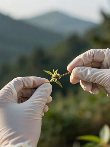 Close-up of scientist hands in sterile gloves performing a laboratory test on a medicinal plant sample, crisp morning daylight, high contrast, deep forest green and gold tones.
