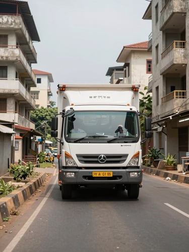 Driver-perspective wide shot from inside a moving truck cab navigating a narrow Vasai lane, concrete apartment buildings close on both sides, a worker visible in the wing mirror guiding the vehicle, overcast natural daylight, no studio lighting