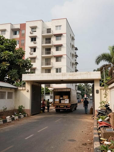Wide environmental shot of a mid-rise residential building exterior in Vasai West, Mumbai — overcast daylight, narrow approach lane visible, a moving truck parked at the building gate with crew unloading labelled cartons, documentary framing with natural available light