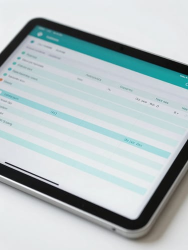 Macro shot of a clean database user interface showing clinical records and patient tracking tables on a tablet, bright clinical daylight, crisp teal accents.