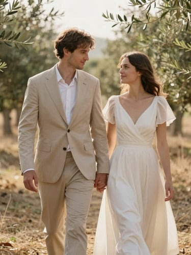Elegant portrait of a couple walking hand-in-hand through a sunlit olive grove, soft warm tones, editorial photography style