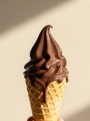 Macro shot of a dripping mango and dark chocolate gelato cone held against a solid warm cream background. High-contrast, sun-drenched lighting with dramatic shadows.