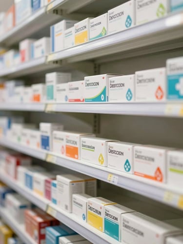 Close-up of neatly organized pharmacy shelves, medication boxes arranged by category in straight rows, bright warm-white clinical lighting, no people, clean and orderly depth of field