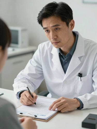 Close-up medium shot of a GP doctor leaning forward attentively across a consultation desk, hands resting on a folder of printed lab results, warm white clinical lighting, patient's hands visible across the desk, focused and unhurried atmosphere