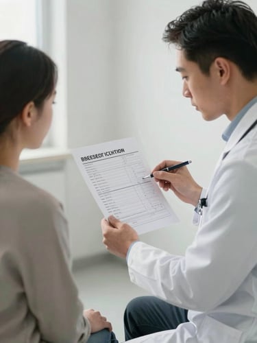 Medium shot of a doctor and patient in a bright consultation room, doctor attentively reviewing a printed test result held between them, warm white clinical lighting, calm and focused atmosphere
