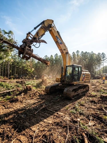Low-angle heroic perspective of a massive yellow excavator clearing pine tracts in South Georgia, bright morning sun casting long shadows, high-contrast earth tones
