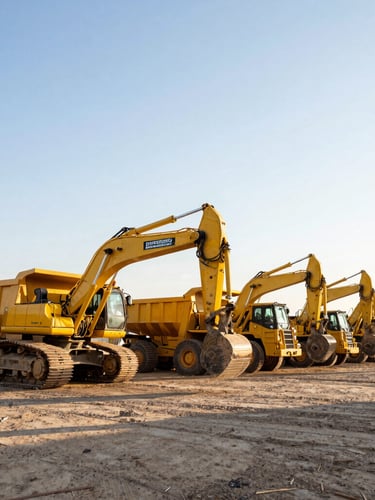 Low-angle heroic perspective of a line of bright yellow heavy excavators and dump trucks parked at a DIVERSIFIED RESOURCES INC yard at sunrise, high contrast, high visibility gear on ground crew, wide-angle lens