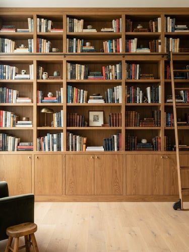 Crisp architectural photography of a custom floor-to-ceiling library with integrated oak shelving, bright natural daylight, sharp focus on flush joints and clean wood grain textures, 35mm lens
