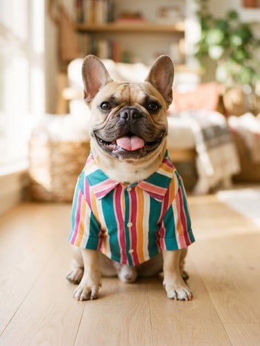 Bright editorial photography, warm natural daylight, a happy French Bulldog wearing a custom-tailored colorful teal and berry striped shirt, sitting comfortably on a clean light floor, eye-level medium shot, 35mm