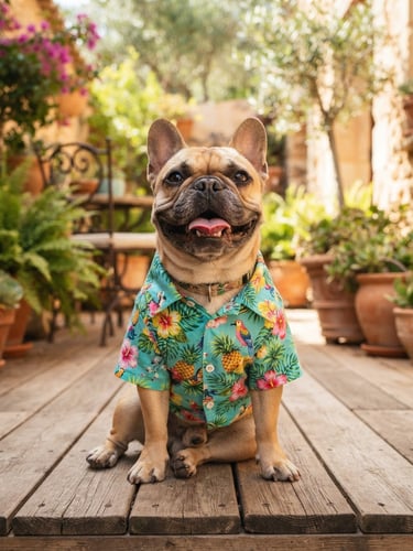 Bright editorial photography of a happy French Bulldog wearing a colorful handcrafted tropical shirt, sitting on a sunlit patio, warm natural daylight, sharp focus
