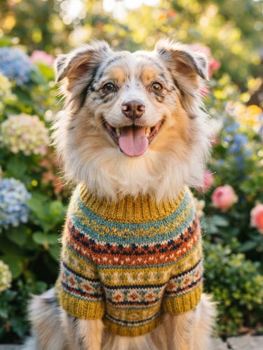 Bright editorial photography of a happy fluffy dog wearing a custom-tailored colorful sweater, warm natural daylight, vibrant cheerful colors, close-up eye-level shot