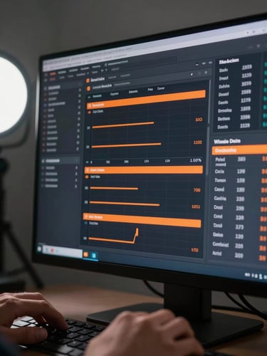 Close-up of a dark analytics interface screen showing project evaluation data, orange accent highlights on key metrics, hands just visible at the bottom edge resting on a keyboard, cool studio strobe lighting from the left