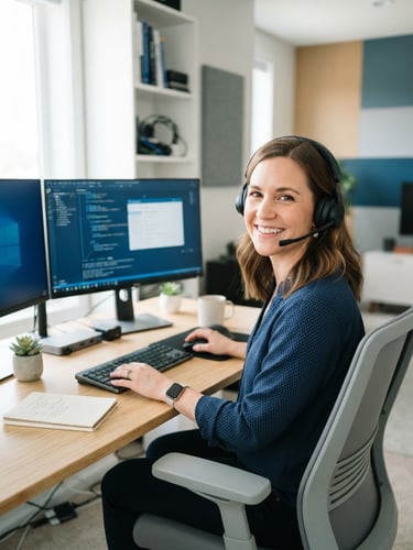 A friendly IT professional wearing a headset, smiling in a bright, clean modern home office, soft natural daylight, professional blue tones, 35mm