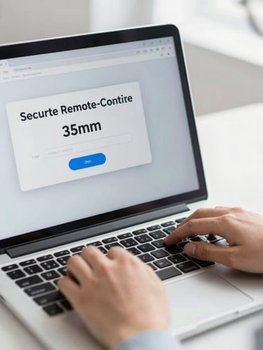 Close-up of a clean laptop screen showing a secure remote-connection software prompt, bright natural daylight, hands typing comfortably, 35mm.