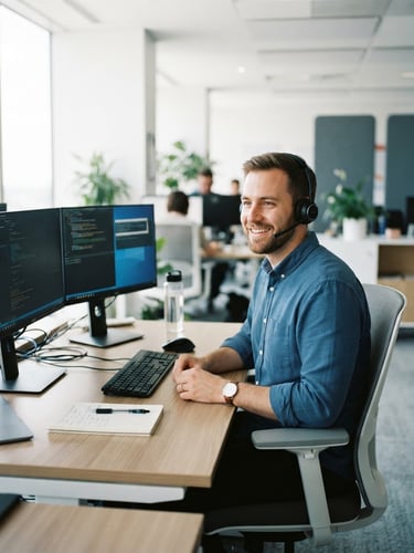 A friendly, patient IT professional wearing a headset, smiling in a bright, clean workspace, soft natural daylight, professional blue tones, 35mm.