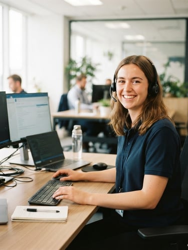 Bright editorial photo of a friendly IT technician wearing a headset, smiling in a clean, daylight-filled modern office, 35mm