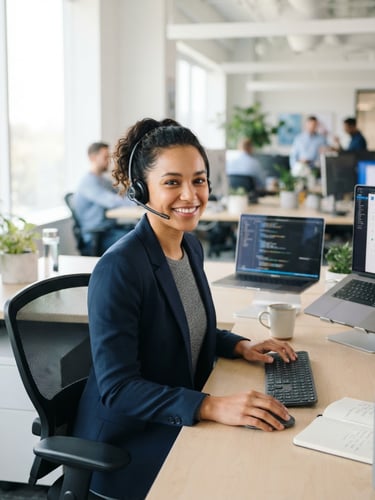 A friendly IT professional wearing a headset in a bright, clean workspace, soft natural daylight, professional blue and gray tones, 35mm