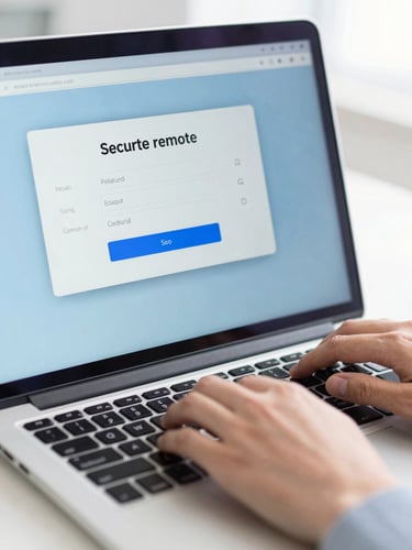 Close-up of a clean laptop screen showing a secure remote connection prompt, hands typing comfortably on the keyboard, bright natural daylight, professional blue tones