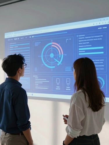 Crisp editorial photography of two creative directors analyzing a digital interface projected onto a gallery wall, cool natural daylight, high-contrast tones with electric blue accents, sharp focus, 35mm