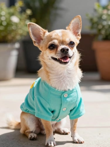 A happy small chihuahua wearing a tiny custom turquoise summer shirt, sitting proudly on a sunny patio, bright cheerful pet photography, warm daylight, 35mm.